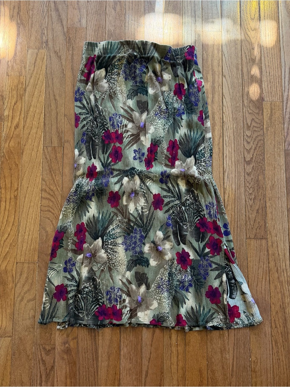 American Vintage Olive Floral Midi Skirt with Magenta & Purple Flowers